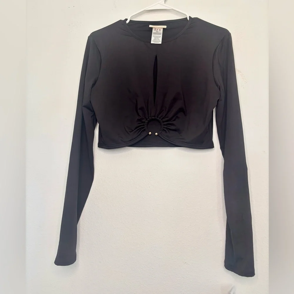 MICHAEL KORS BLACK LONG SLEEVE GOLD RING CROPPED SHIRT SZ XL